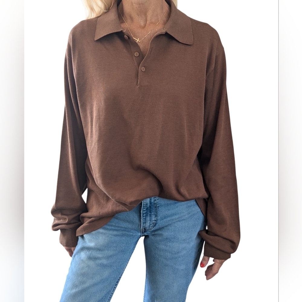 Vintage Jhane Barnes Men’s Silk Blend Brown Knit Polo Minimalist Top M